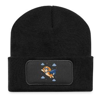 Beagle Superheld mit Umhang - Recycelte Patch Beanie - Schwarz - Vorne