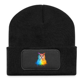 Eule Aquarell Illustration - Recycelte Patch Beanie - Schwarz - Vorne