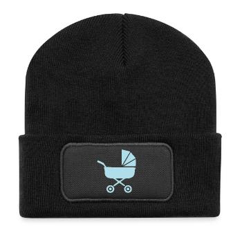 Blauer Kinderwagen Baby Geburt Geschenk  - Recycelte Patch Beanie - Schwarz - Vorne
