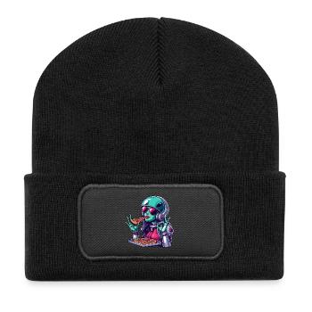 Alien Pizza Lover - Green Alien Woman - Recycled Patch Beanie - black - Front