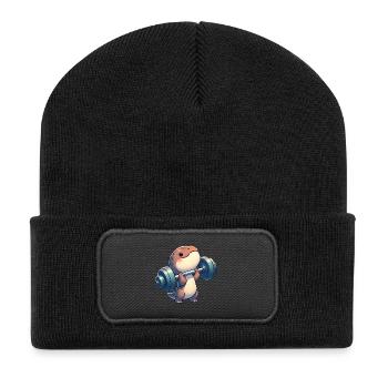 Chibi Dino T-Rex Workout mit Hanteln - Recycelte Patch Beanie - Schwarz - Vorne