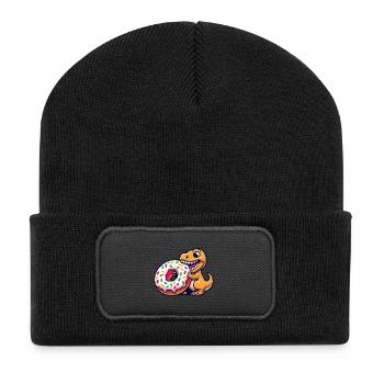 T-Rex Donut süße Süßigkeit Bäckerei Dinosaurier - Recycelte Patch Beanie - Schwarz - Vorne