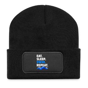 Essen Sie Schlaf-Schwimmen-Wiederholungs-lustiger Schwimmer - Recycelte Patch Beanie - Schwarz - Vorne