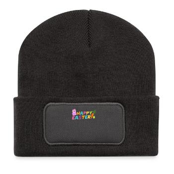 Fröhliche Ostern mit Ei-Karotte u. Häschen Pascha - Recycelte Patch Beanie - Dunkelgrau - Vorne