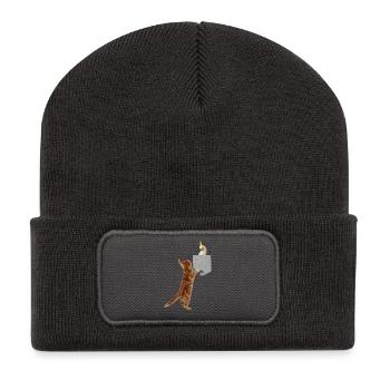 Cat Reaching Cockatiel Bird In Fake Print-On - Recycled Patch Beanie - dark grey - Front
