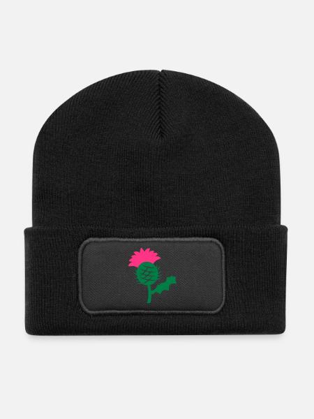 single head flower of Scottish Thistle Scotland - Recycled Patch Beanie - black