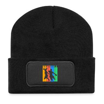 Handball Wurfsprung Retro Geschenk - Recycelte Patch Beanie - Schwarz - Vorne