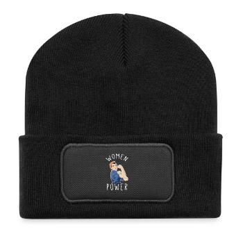 Frauenpower im Rosie Riveter Stil - Recycelte Patch Beanie - Schwarz - Vorne