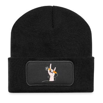 Hand eines Rock Sängers hält ein Gesangs Mikrofon - Recycelte Patch Beanie - Schwarz - Vorne
