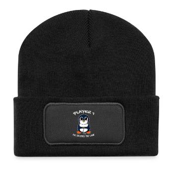 Erstes Baby Spieler 1 Schwanger Baby Pinguin - Recycelte Patch Beanie - Schwarz - Vorne