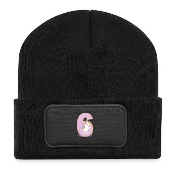 Einhorn im Donut Tochter 6 Jahre alt - Recycelte Patch Beanie - Schwarz - Vorne