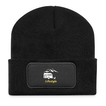 Cadeau de montagne de chien de caravane de camping de style de vie - Beanie recyclé à patch - noir - Devant