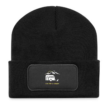 Vivez comme un campeur, un chien, des montagnes, un oiseau, une caravane - Beanie recyclé à patch - noir - Devant