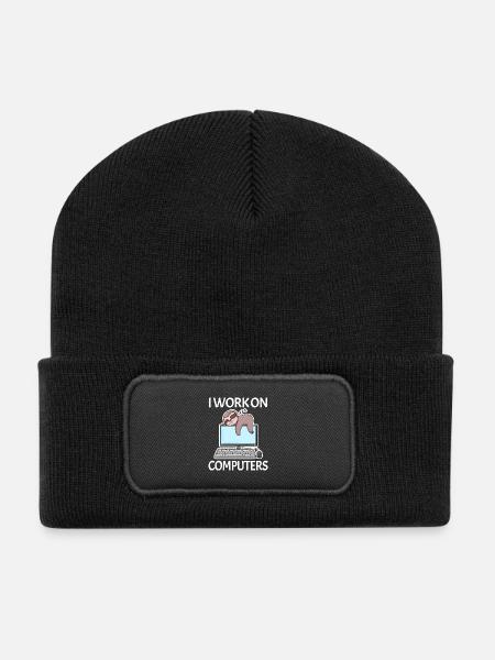 I work on computers computer nerd lazy funny - Recycled Patch Beanie - black