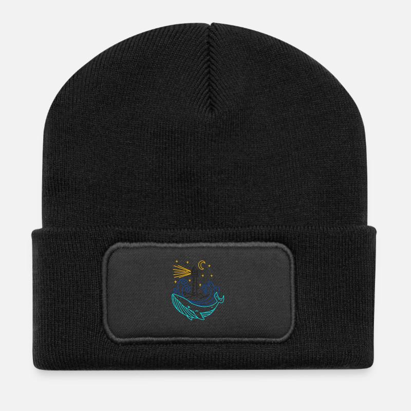 Wal Leuchtturm Mond - Recycelte Patch Beanie - Schwarz
