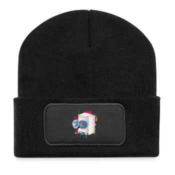 Waschmaschine im Graffiti Stil mit Buntwäsche - Recycelte Patch Beanie - Schwarz - Vorne