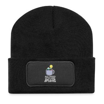 Kaffee Berg Berge Wandern - Recycelte Patch Beanie - Schwarz - Vorne