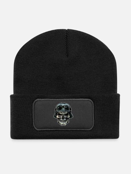 Crazy Biker Totenkopf mit Helm - Recycelte Patch Beanie - Schwarz