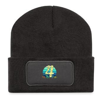Dinosaurier 4 Jahre Geschenk 4. Geburtstag Retro - Recycelte Patch Beanie - Dunkelgrau - Vorne