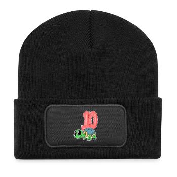 10 Jahre alt - 10. Geburtstag - Schildkröte Motiv - Recycelte Patch Beanie - Schwarz - Vorne