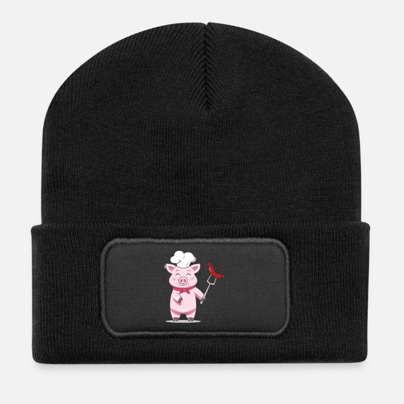 Schwein Grillmeister mit Wurst – Lustiges Design - Recycelte Patch Beanie - Schwarz