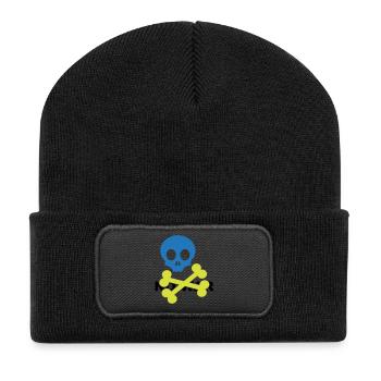 Crâne et os croisés bleu néon - Beanie recyclé à patch - noir - Devant