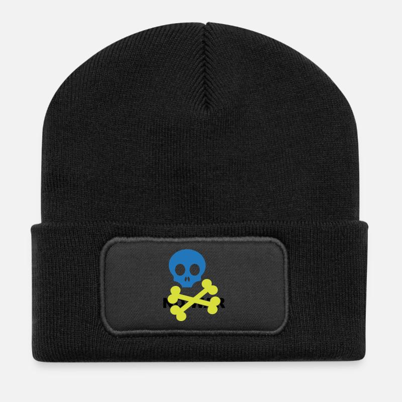 Neon Blue Skull and Crossbones - Recycled Patch Beanie - black
