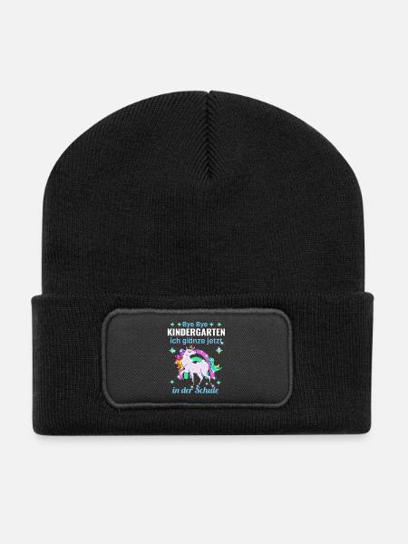 Bye Bye Kindergarten Glitzer Einhorn Einschulung - Recycelte Patch Beanie - Schwarz