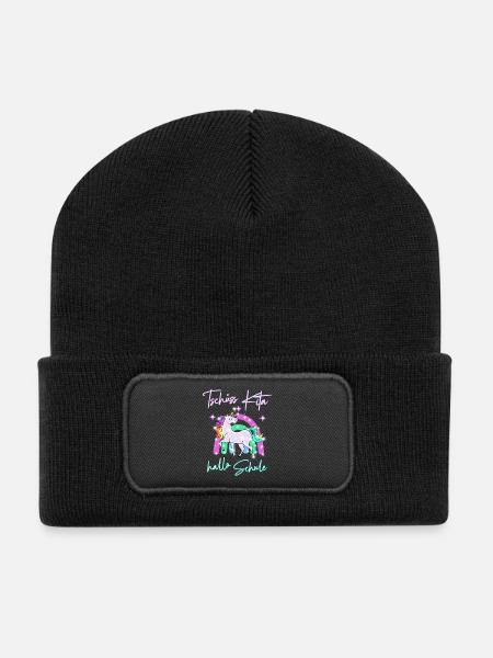 Tschüss Kita! hallo Schule Regenbogen Einhorn - Recycelte Patch Beanie - Schwarz