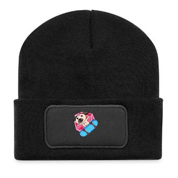Hund als Skater mit Skateboard - Recycelte Patch Beanie - Schwarz - Vorne