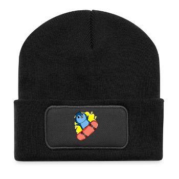 Pinguin als Skater mit Skateboard - Recycelte Patch Beanie - Schwarz - Vorne
