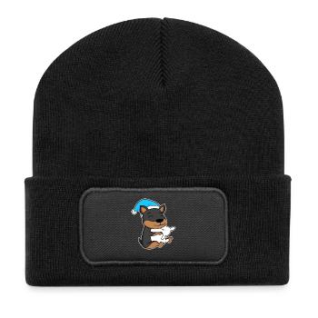 Hund Zwergpinscher mit Kissen und Schlafmütze - Recycelte Patch Beanie - Schwarz - Vorne