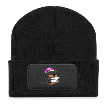 Hund Zwergpinscher mit Kissen und Schlafmütze - Recycelte Patch Beanie - Schwarz - Vorne