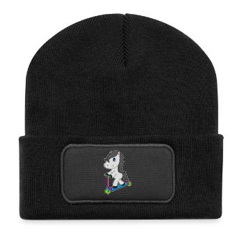 Pferd Tretroller - Recycelte Patch Beanie - Schwarz - Vorne