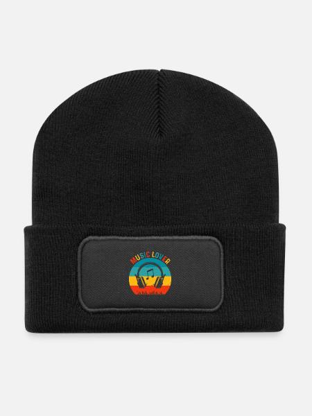Musikliebe Retro Kopfhörer - Recycelte Patch Beanie - Schwarz