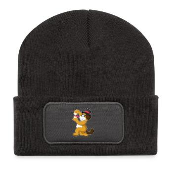 Mariage avec le marié chien avec haut-de-forme - Beanie recyclé à patch - charbon - Devant
