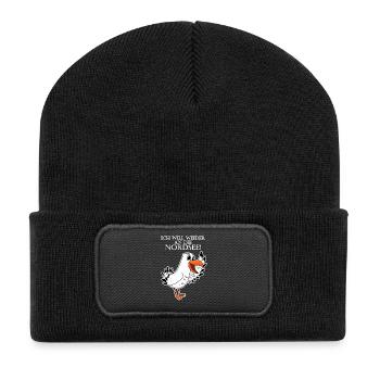 Nordsee Plattdeutsch Spruch Moin Möwe - Recycelte Patch Beanie - Schwarz - Vorne