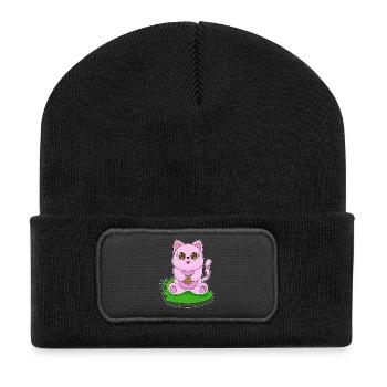 Katze Cookie - Recycelte Patch Beanie - Schwarz - Vorne