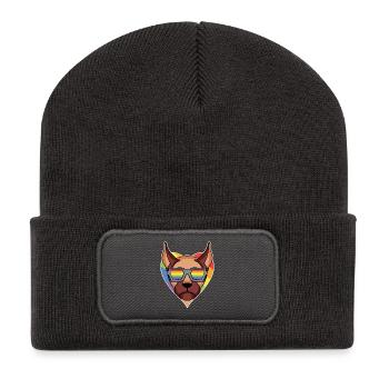 Regenbogen - Hund mit Brille - Deutsche Dogge - Recycelte Patch Beanie - Dunkelgrau - Vorne
