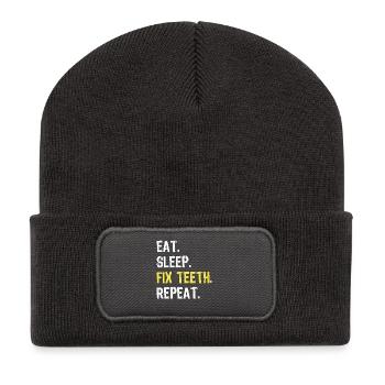 Essen Schlafen Zähne reparieren Zahnarzt wiederholen Hemd - Recycelte Patch Beanie - Dunkelgrau - Vorne
