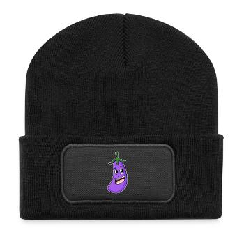Aubergine Motiv - Recycelte Patch Beanie - Schwarz - Vorne