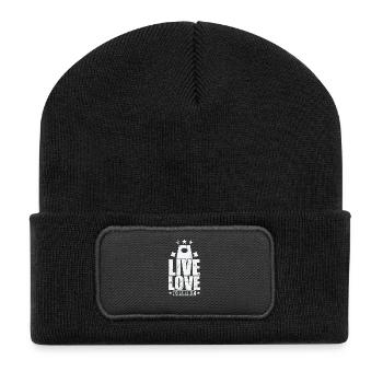 Live Love Cornhole Spiel Freizeit Hobby - Recycelte Patch Beanie - Schwarz - Vorne