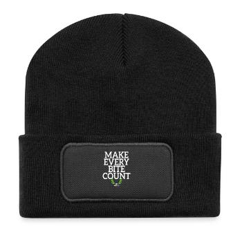 Veganer Make Every Bite Count Go Vegan Veganerin - Recycelte Patch Beanie - Schwarz - Vorne