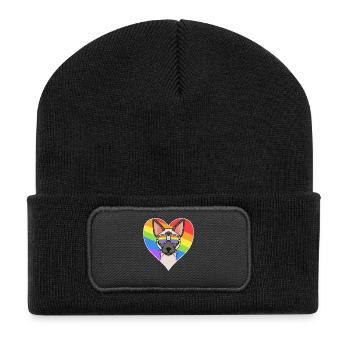 Regenbogen - Katze Siamkatze mit Brille und Herz - Recycelte Patch Beanie - Schwarz - Vorne