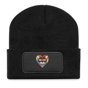 Regenbogen - Katze Burma-Katze mit Brille und Herz - Recycelte Patch Beanie - Schwarz - Vorne