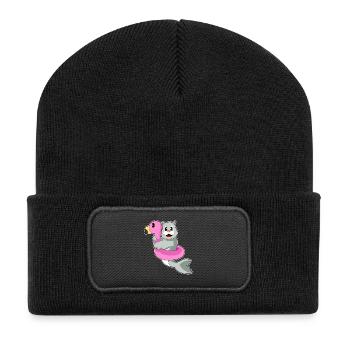 Seehund Schwimmen Schwimmring Sommer - Recycelte Patch Beanie - Schwarz - Vorne