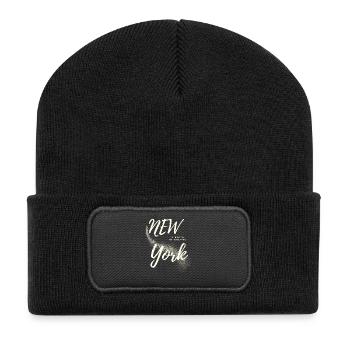 Motivierende New York Skyline Schriftart - Recycelte Patch Beanie - Schwarz - Vorne