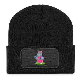 Nilpferd Bodybuilder Hanteln Bodybuilding - Recycelte Patch Beanie - Schwarz - Vorne