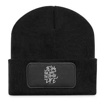 Jesus Weg Wahrheit Leben Schriftzug - Recycelte Patch Beanie - Schwarz - Vorne