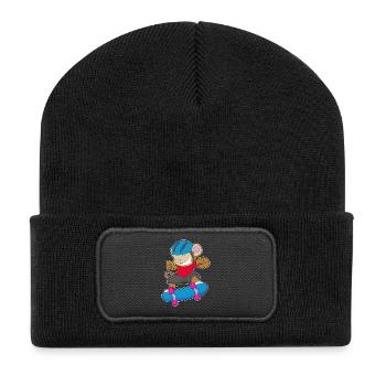Affe Skater Skateboard Sport - Recycelte Patch Beanie - Schwarz - Vorne